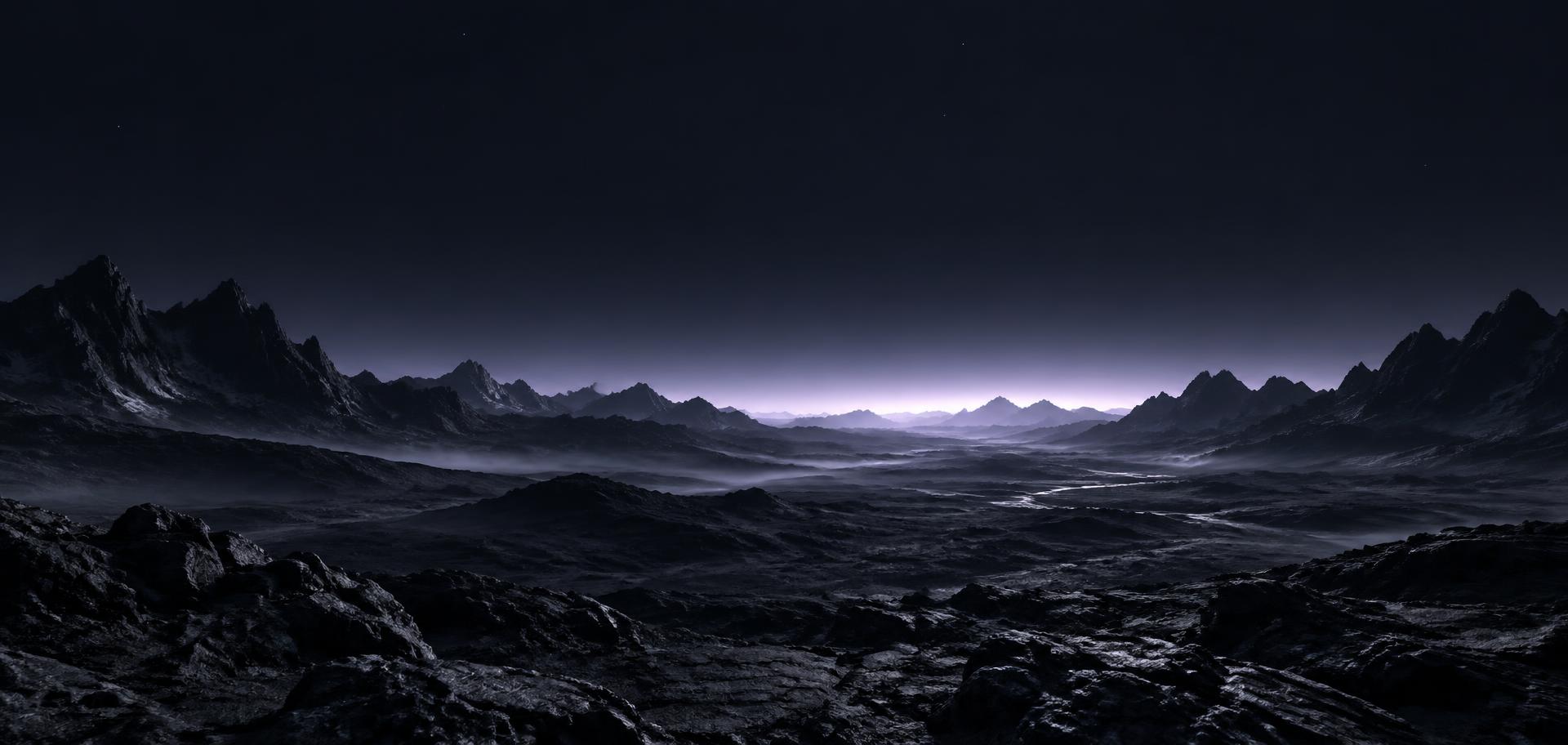 Valle lunar oscuro iluminado en el horizonte